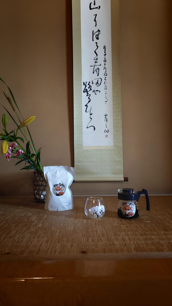 Kitsu Coffee bag and server in a Japanese tea room